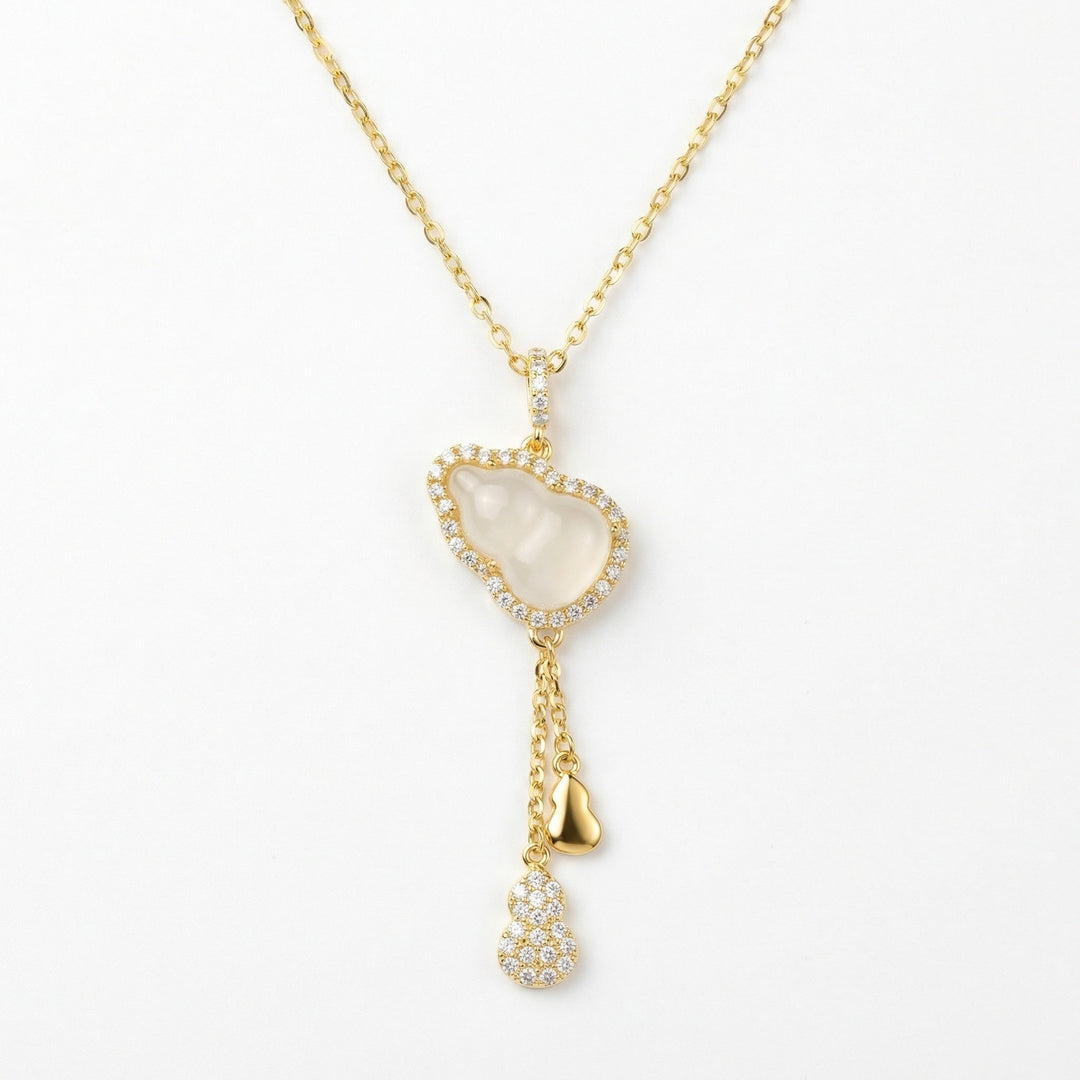 ✨ 925 Sterling Silver Jade Calabash Necklace with Diamond Accents