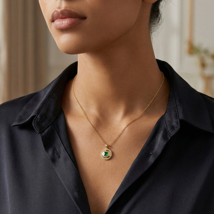 ✨ Square Emerald Pendant Necklace with White Stone Halo