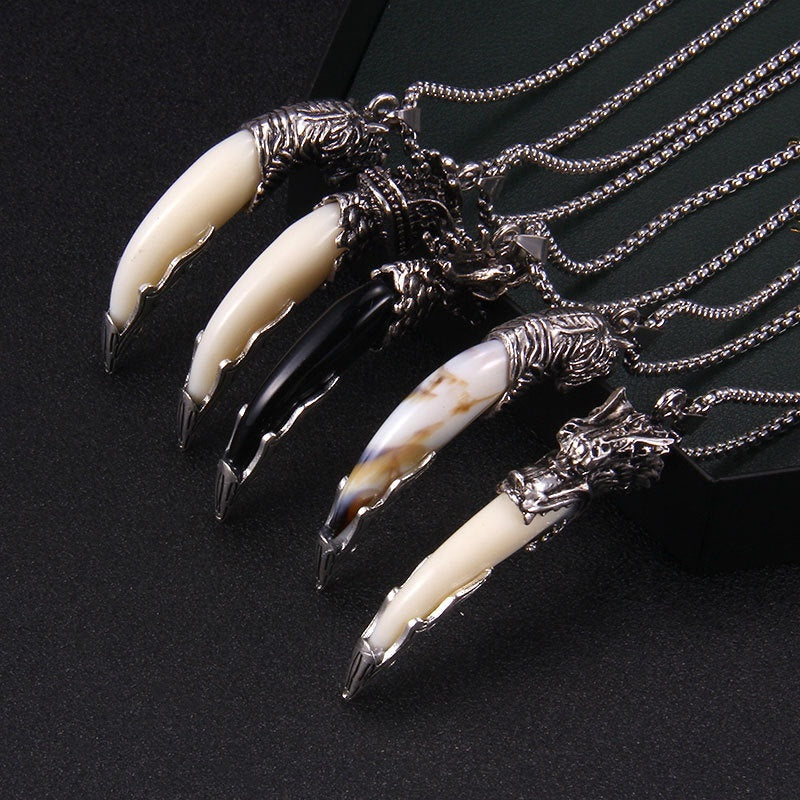 Bold Wolf Tooth & Dragon Head Necklace – Stainless Steel Pendant Jewelry