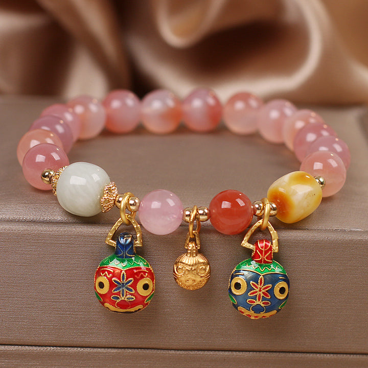 Natural Yanyuan Agate “Family of Three” Swallowing Gold Beast Bracelet – Ethnic Style for Women