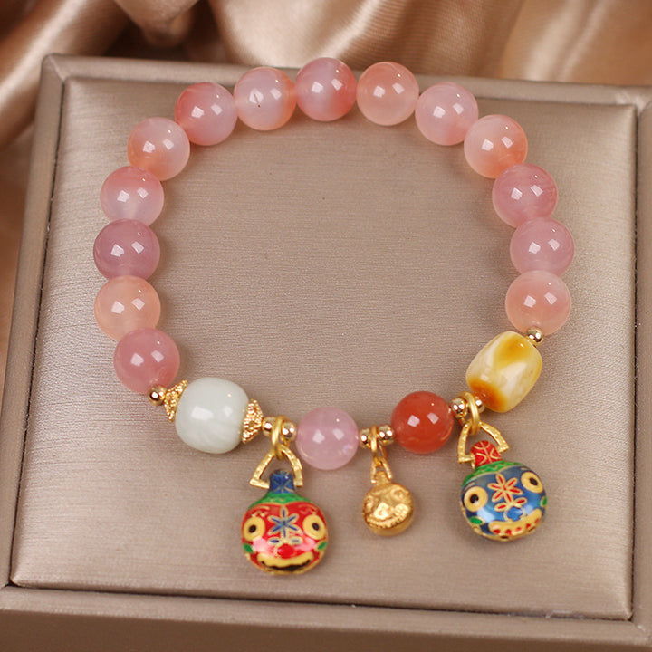 Natural Yanyuan Agate “Family of Three” Swallowing Gold Beast Bracelet – Ethnic Style for Women