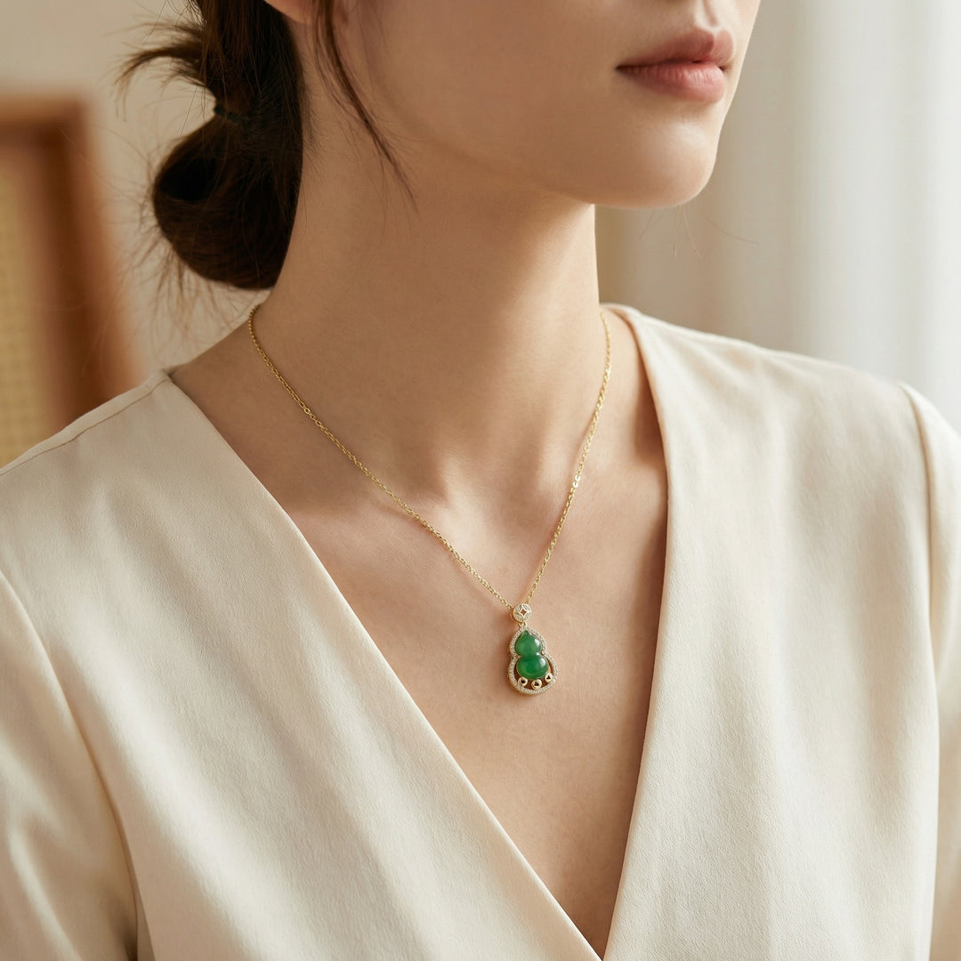 925 Sterling Silver Jadeite Gourd Pendant Necklace with Diamond Halo and Lucky Coin Motifs