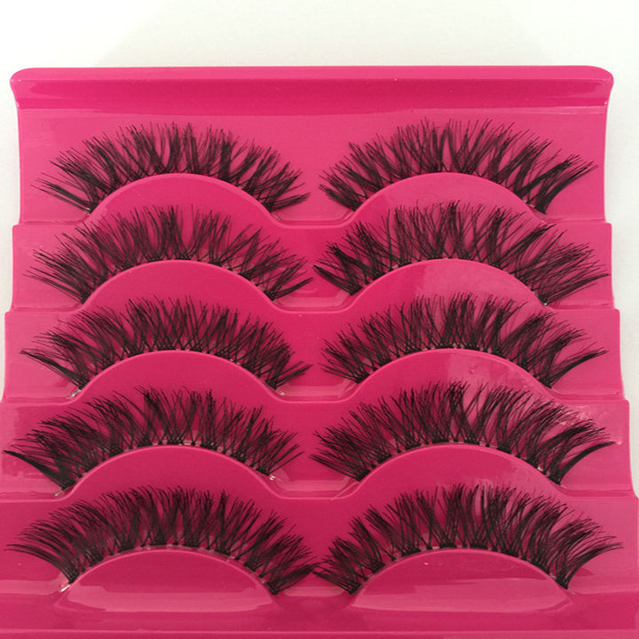 👁️✨ Man-Made Fiber Natural False Eyelashes Set – Cross Style Transparent Stem Lashes (5 Pairs)