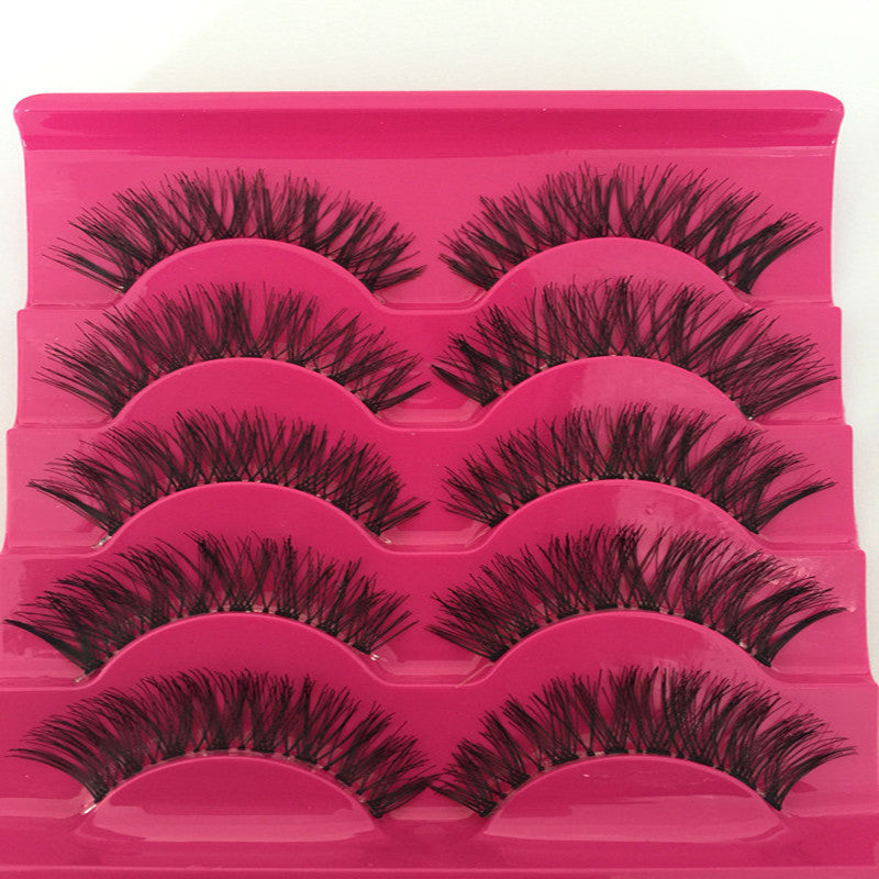 👁️✨ Man-Made Fiber Natural False Eyelashes Set – Cross Style Transparent Stem Lashes (5 Pairs)