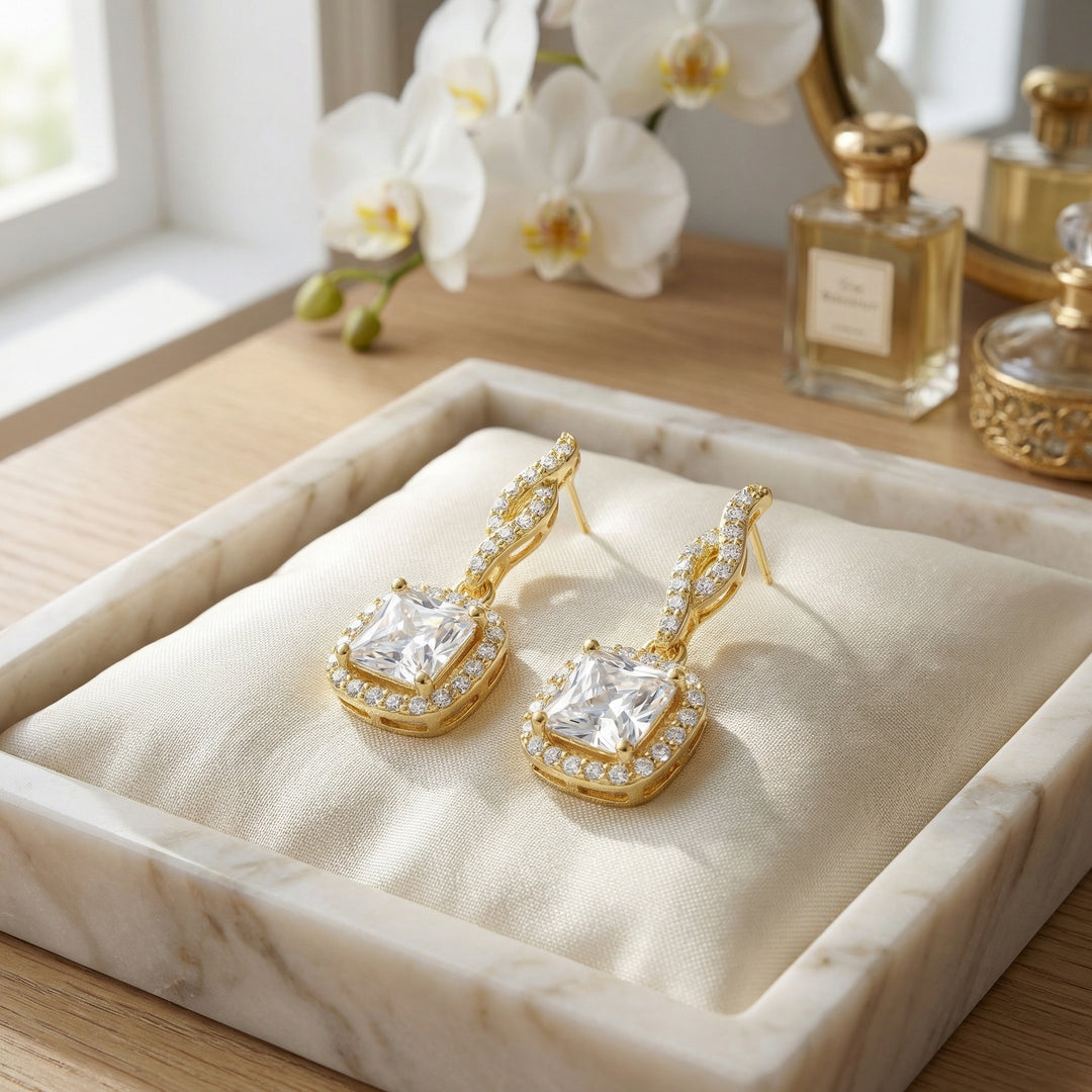 ✨ 925 Sterling Silver Princess Cut Square Halo Drop Earrings with Twisted Pavé Post