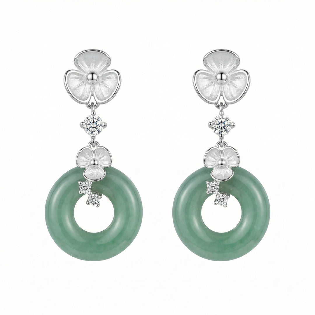 925 Sterling Silver Green Jade Floral Drop Earrings with Diamond Accents