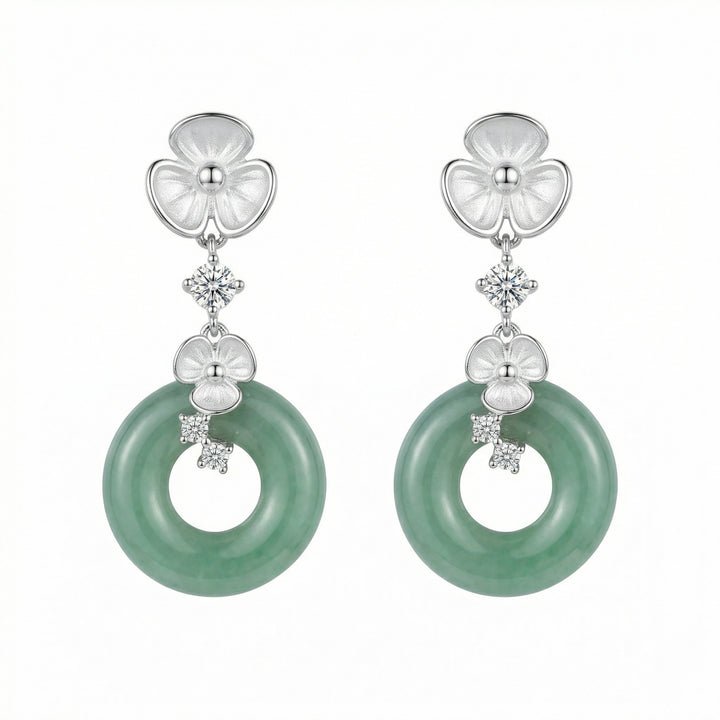 925 Sterling Silver Green Jade Floral Drop Earrings with Diamond Accents