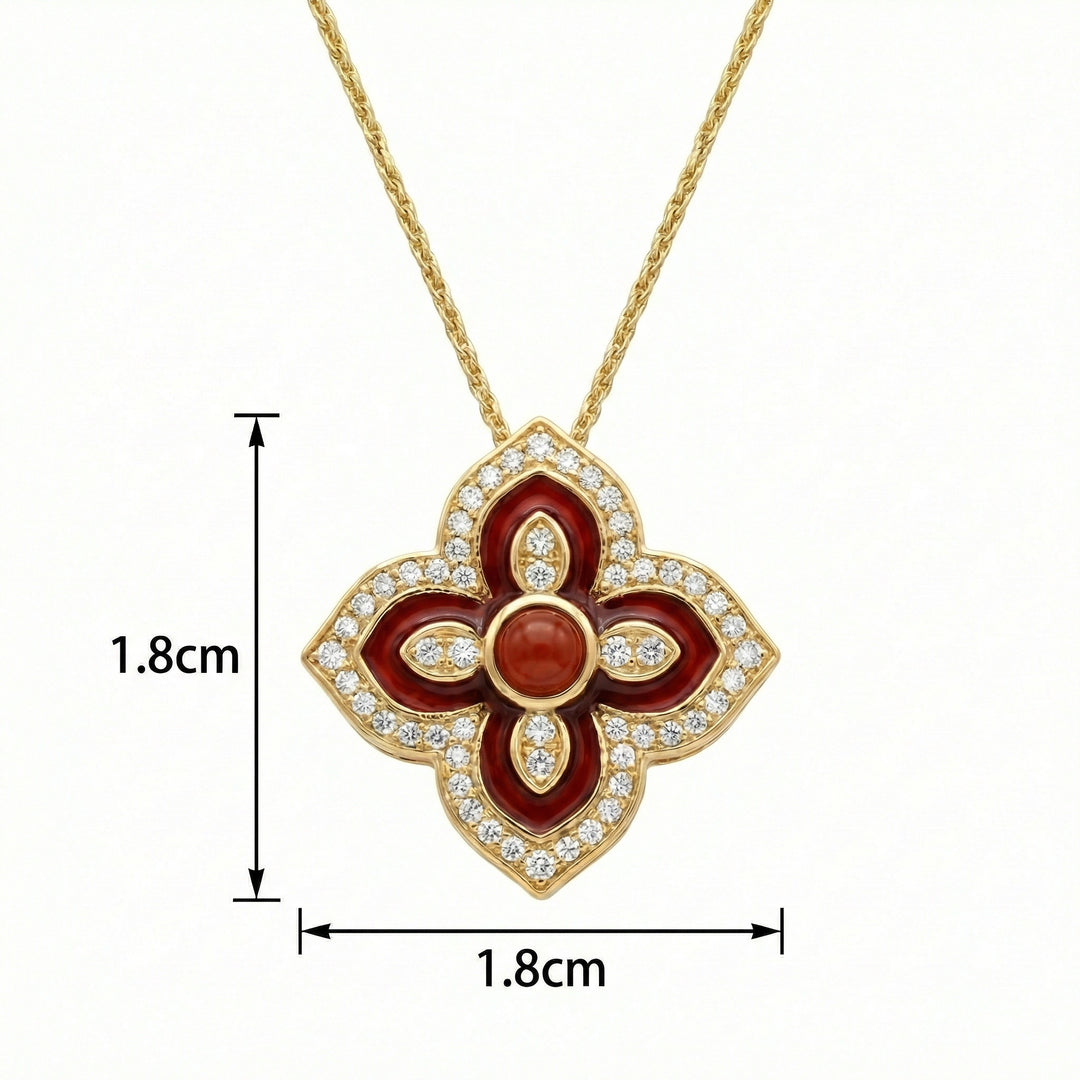 Gold necklace with a red and gold pendant, showing dimensions on a white background.