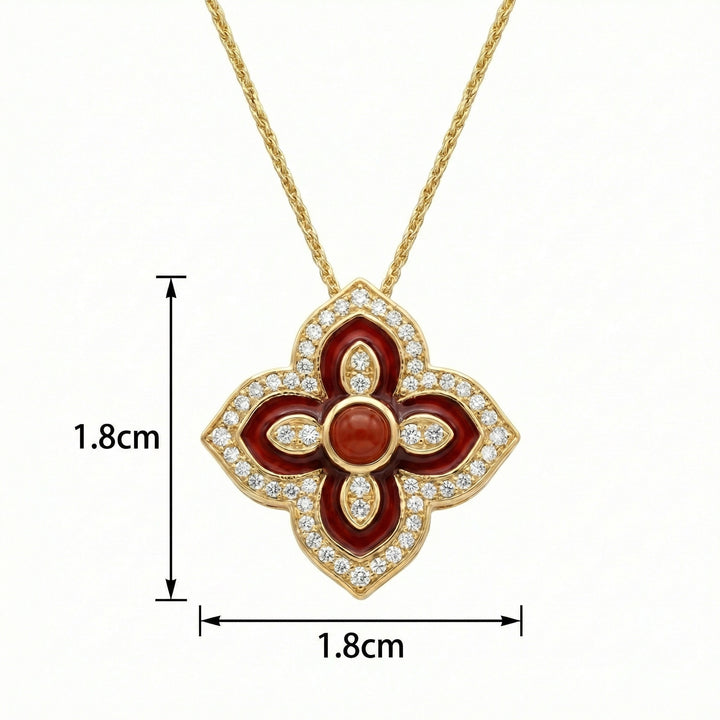 Gold necklace with a red and gold pendant, showing dimensions on a white background.