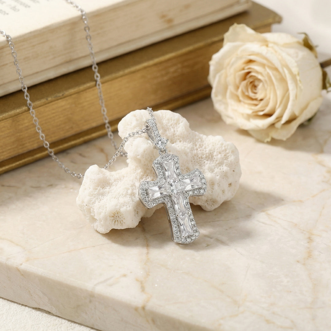 ✨ 925 Sterling Silver Cross Necklace with CZ Accents