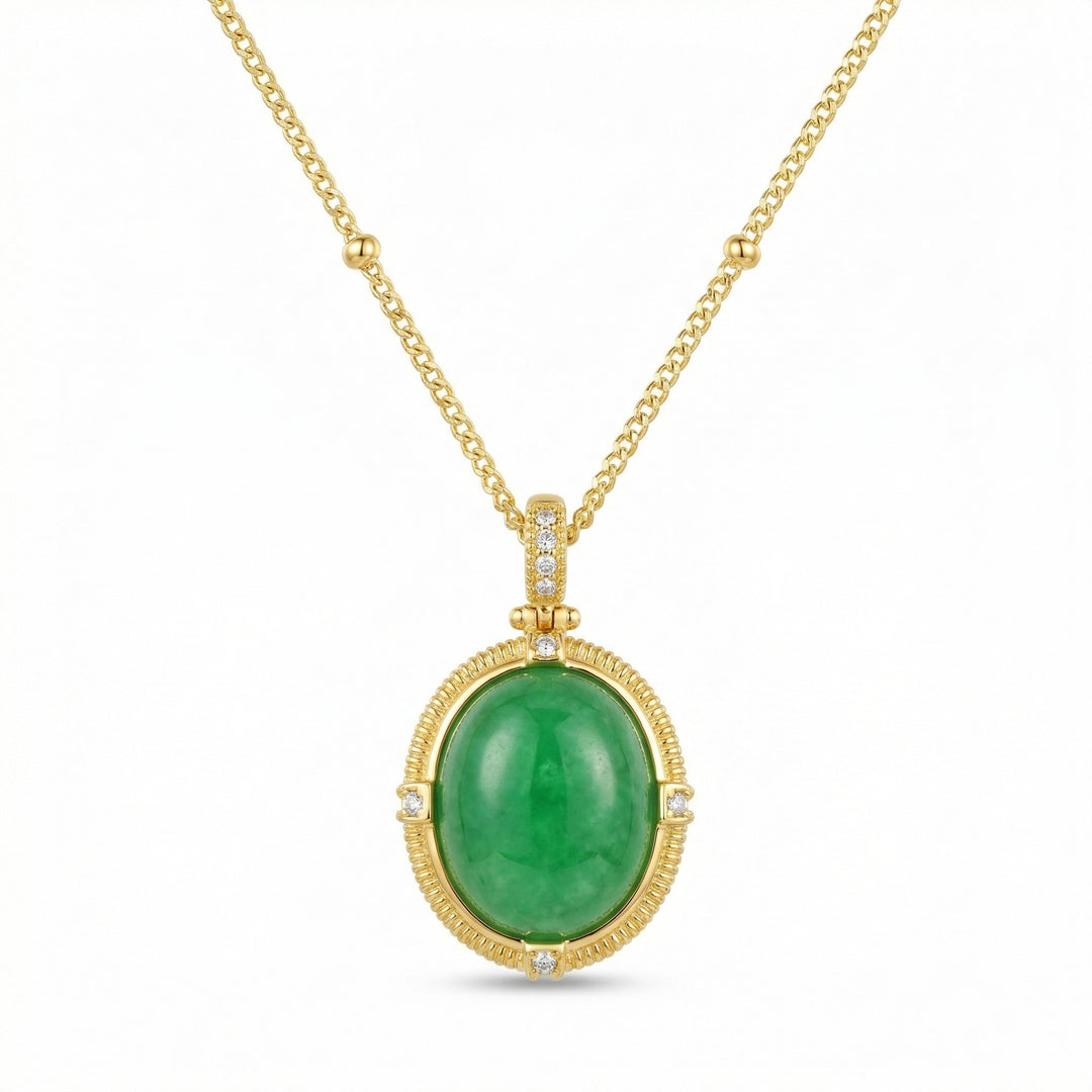✨ 925 Sterling Silver Radiant Oval Green Jade Pendant Necklace with Sparkling Accents ✨