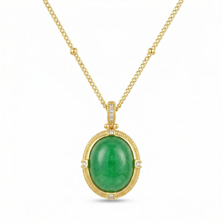✨ 925 Sterling Silver Radiant Oval Green Jade Pendant Necklace with Sparkling Accents ✨