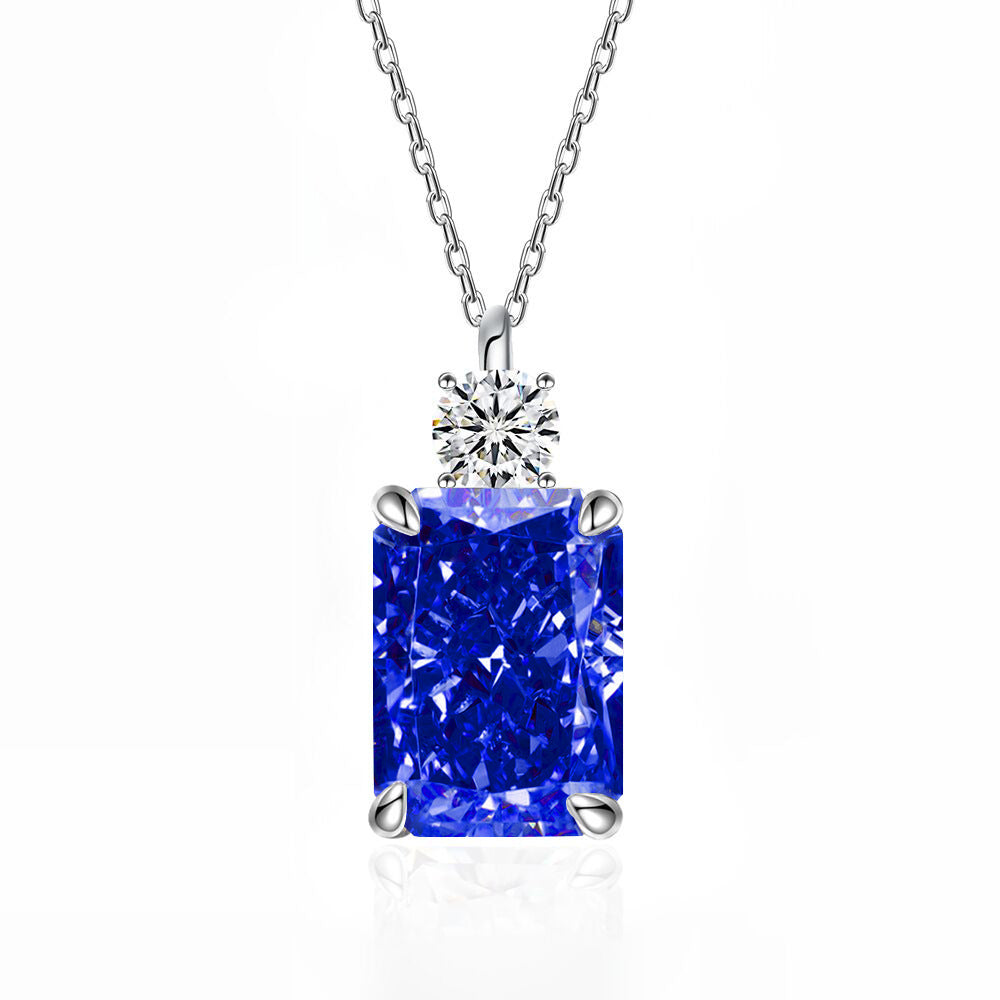 Women’s Deep Tanzanite Rectangular Necklace – 925 Silver Ice-Flower Cut Diamond Pendant