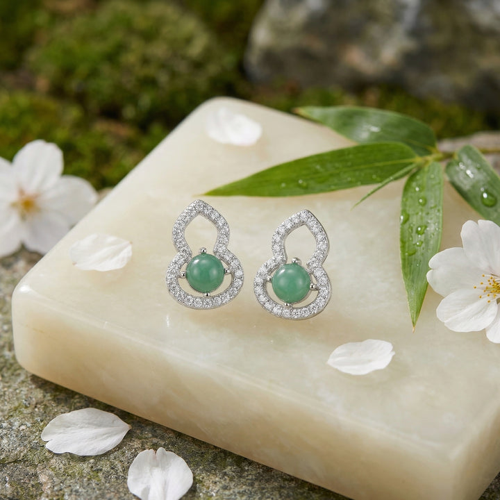 925 Sterling Silver Green Gourd-Inspired "Wulu" Stud Earrings with Clear Stone Accents