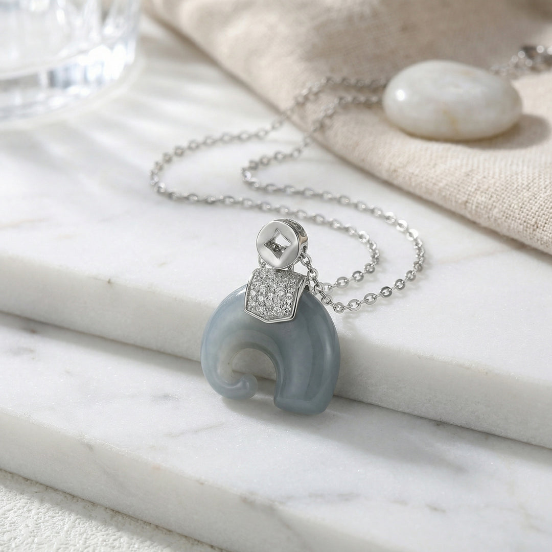 925 Sterling Silver Grey Jade Elephant Pendant Necklace with Sparkling Accents