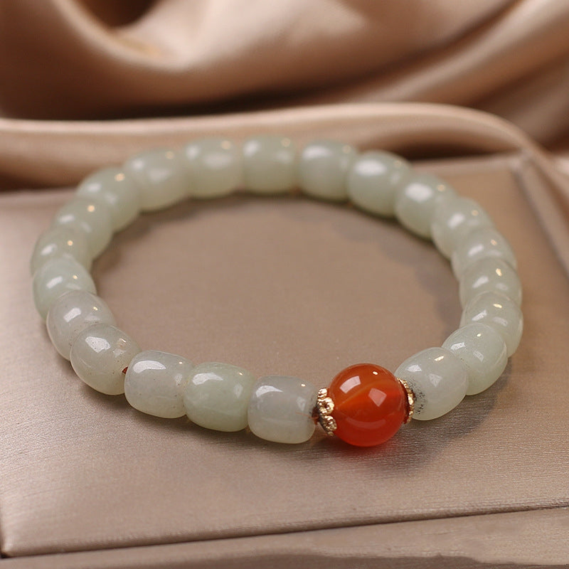 Ethnic Style Lucky Hetian Jade Barrel Bead Bracelet – Women's Green Charm