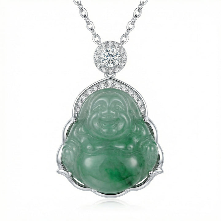 925 Sterling Silver Elegant Green Jade Laughing Buddha Pendant Necklace with Sparkling Accents