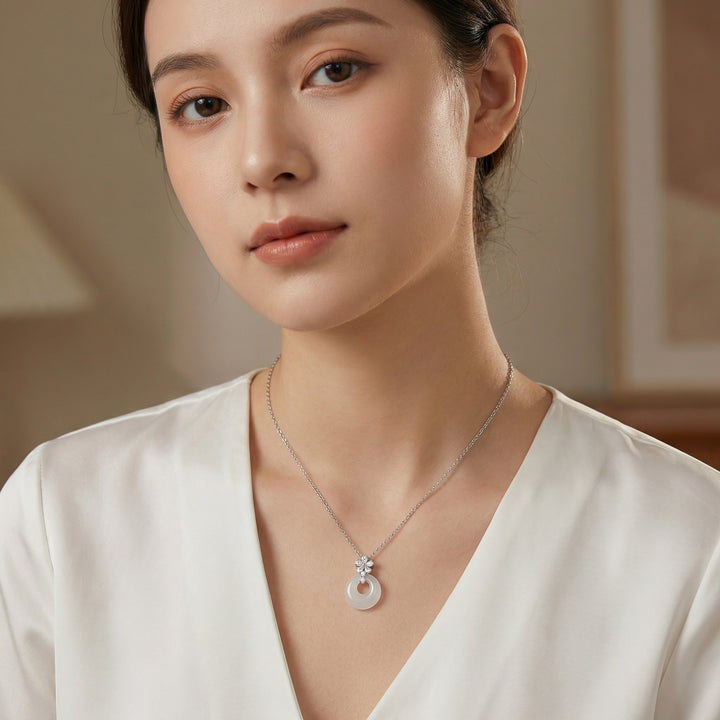 925 Sterling Silver Elegant White Round Jade Pendant Necklace with Sparkling Silver Flower Accents