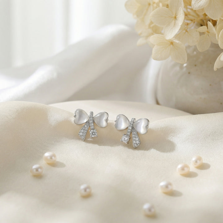 ✨ 925 Sterling Silver Heart Cat's Eye Bow Stud Earrings ✨