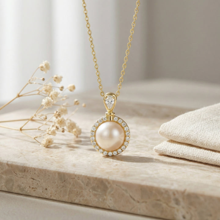 ✨ Pearl & Diamond Halo Necklace