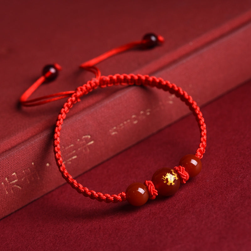 Zodiac Red Rope Bracelet – Natural Red Agate, Handwoven Charm