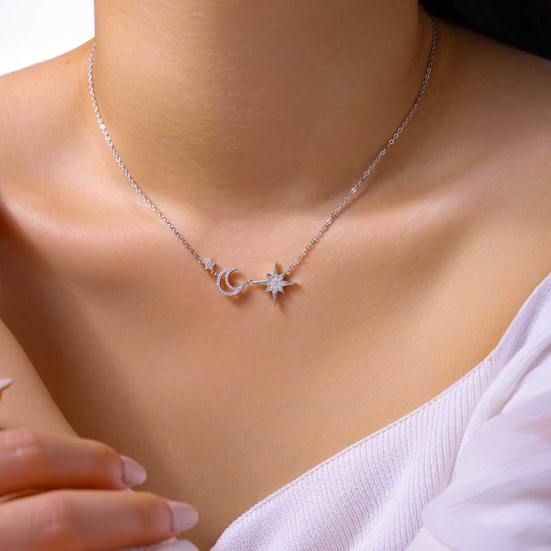 Luxury Minimalist Moon & Star Moissanite Pendant Necklace – Gold-Plated S925 Silver