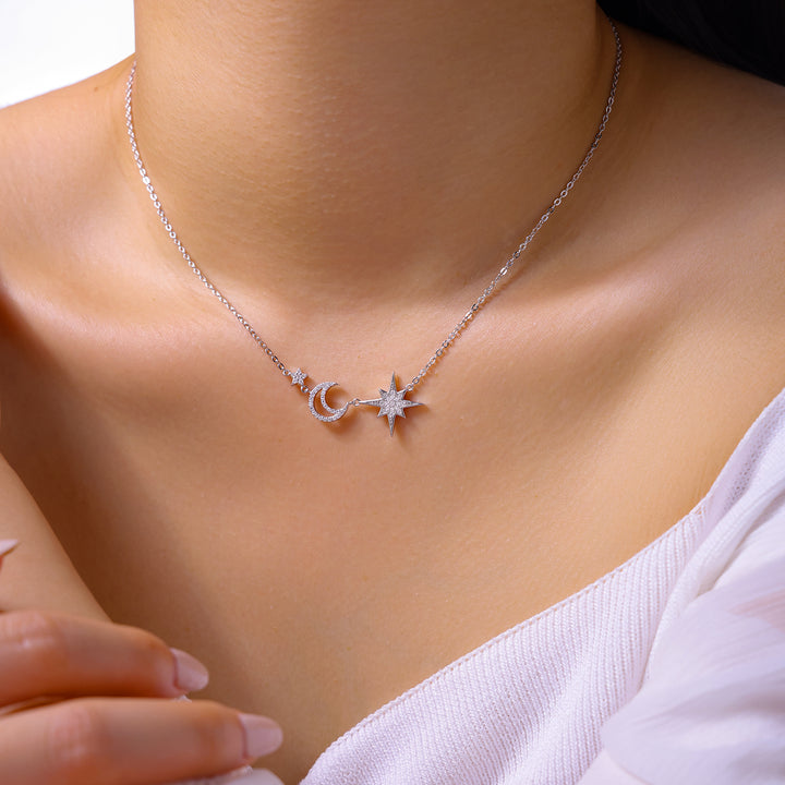 Luxury Minimalist Moon & Star Moissanite Pendant Necklace – Gold-Plated S925 Silver