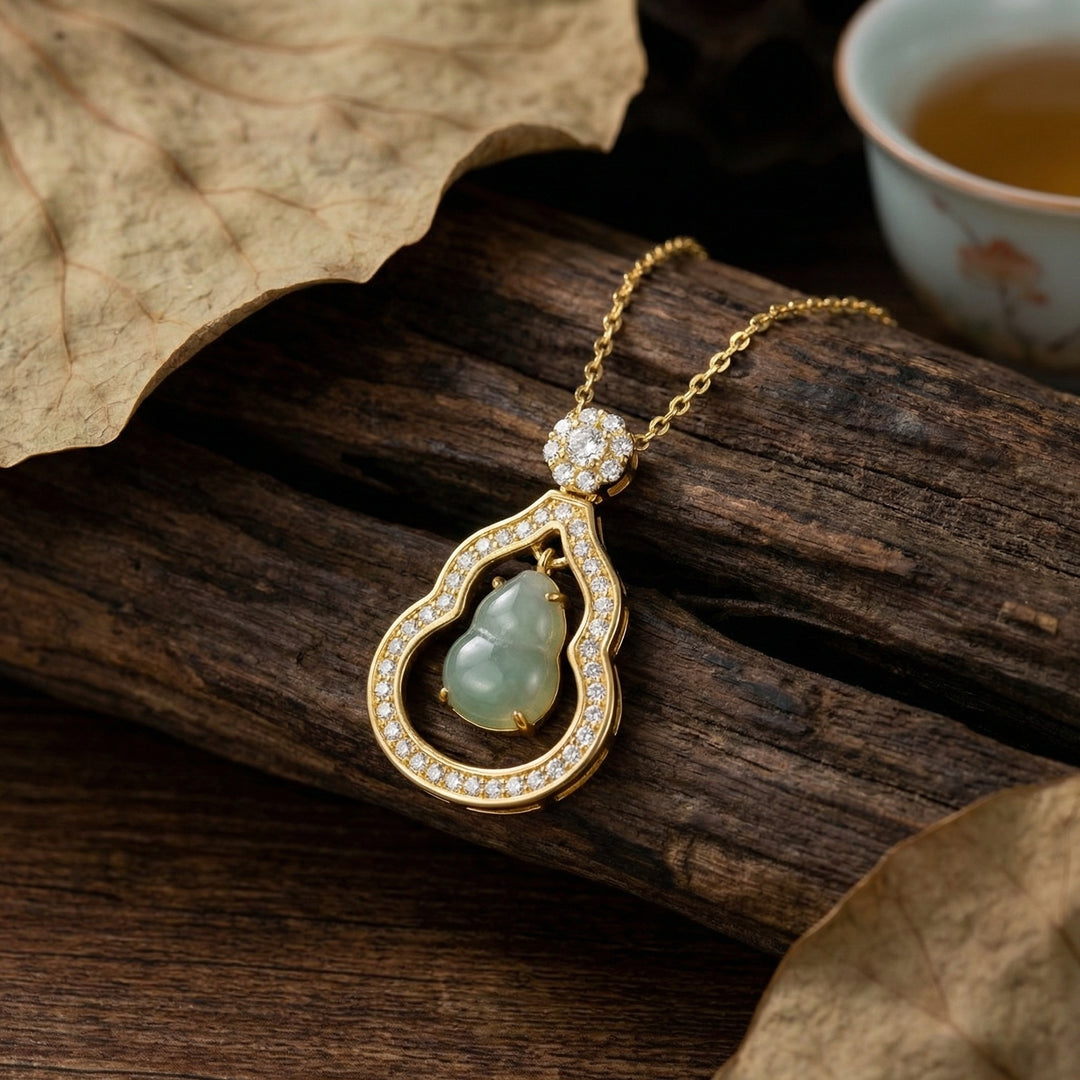 925 Sterling Silver Green Jadeite Hulu Pendant Necklace with Diamond Pavé Halo & Floral Bail