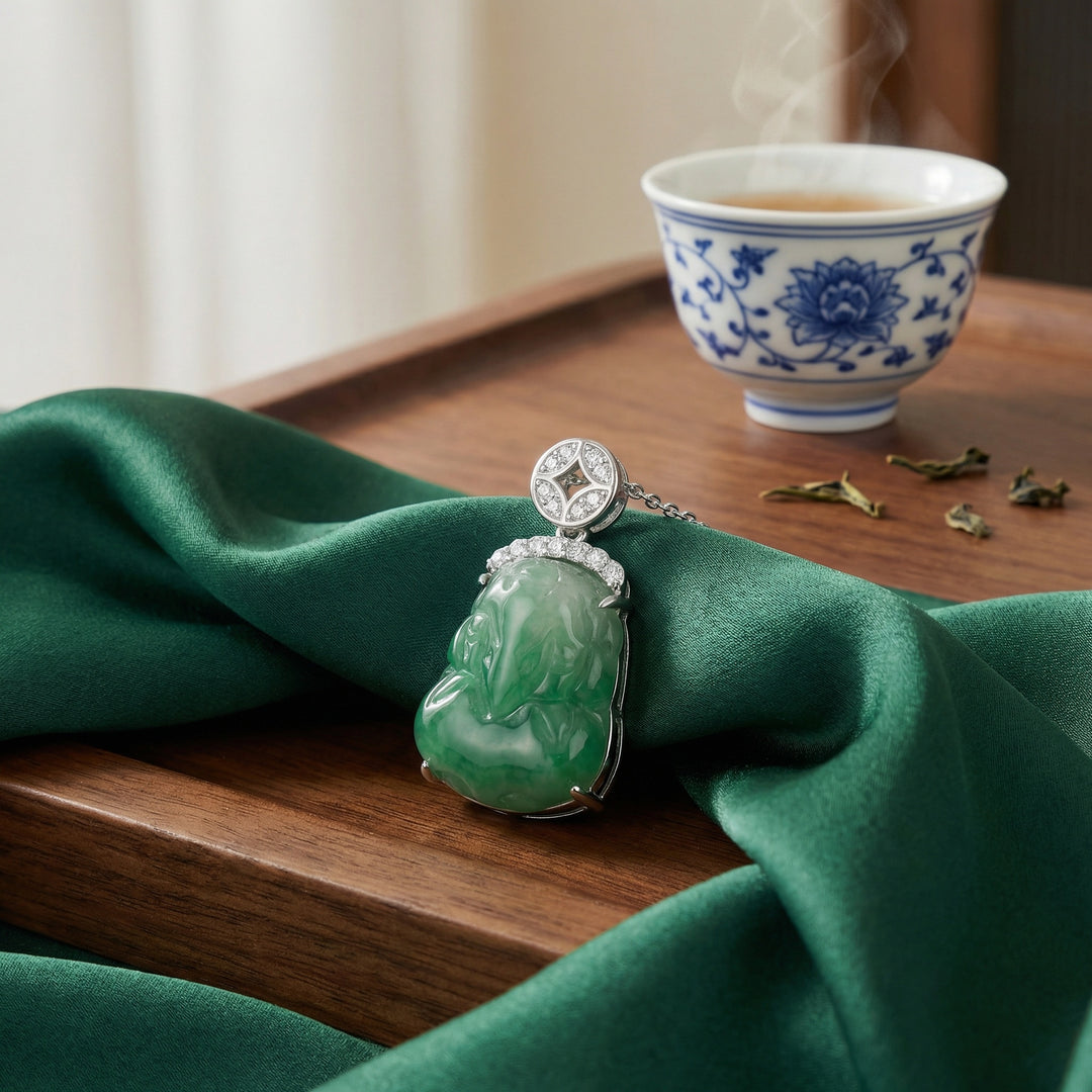 925 Sterling Silver Elegant Green Jadeite Laughing Buddha Pendant Necklace with Sparkling Stone Accents