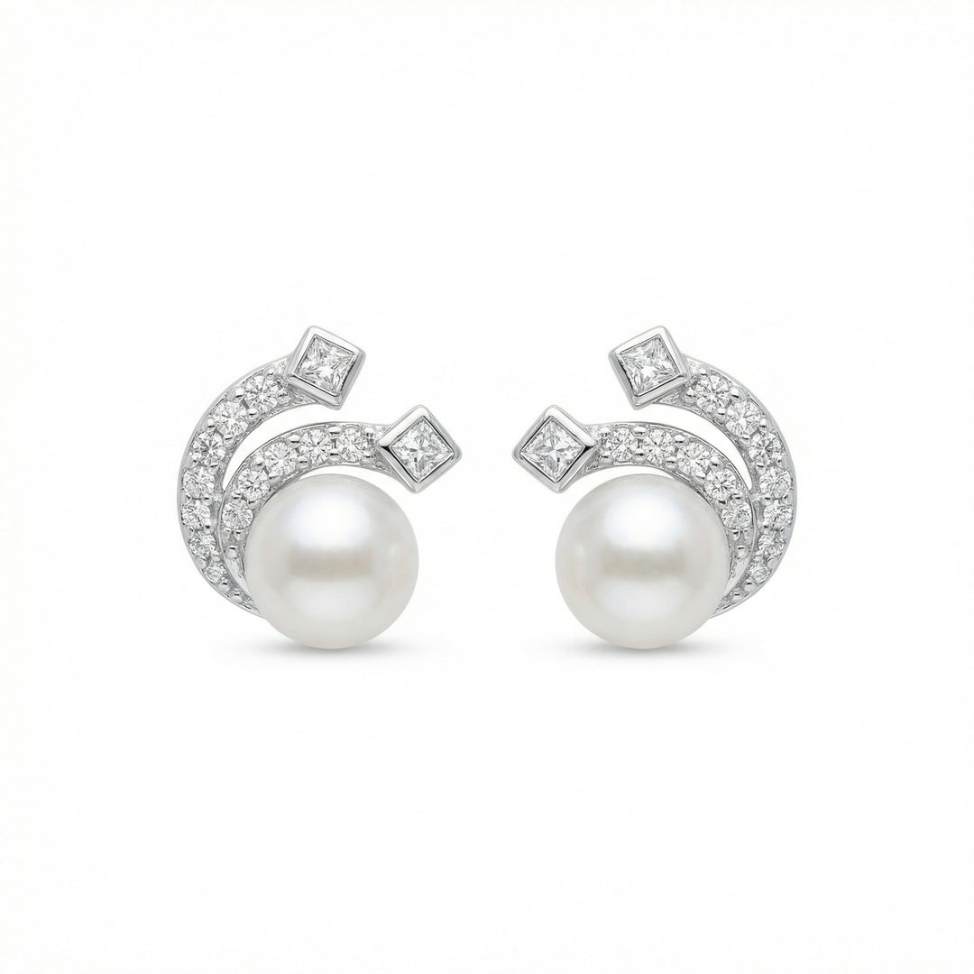 ✨ 925 Sterling Silver White Pearl Wave Stud Earrings with Princess-Cut & Pavé Accents ✨