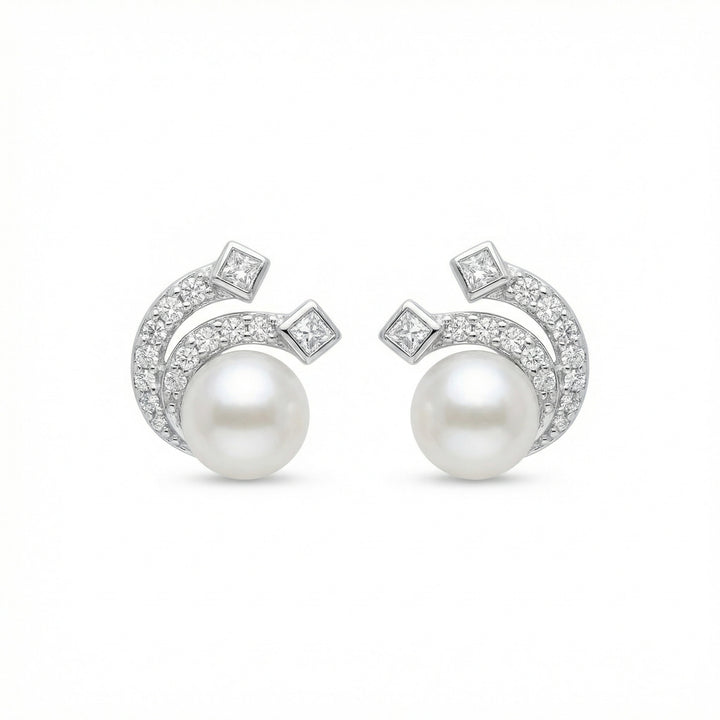 ✨ 925 Sterling Silver White Pearl Wave Stud Earrings with Princess-Cut & Pavé Accents ✨
