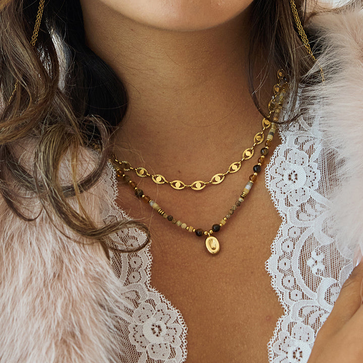 Women’s Tiger’s Eye Natural Stone & Crystal Beaded Necklace – Light Luxury Clavicle Chain