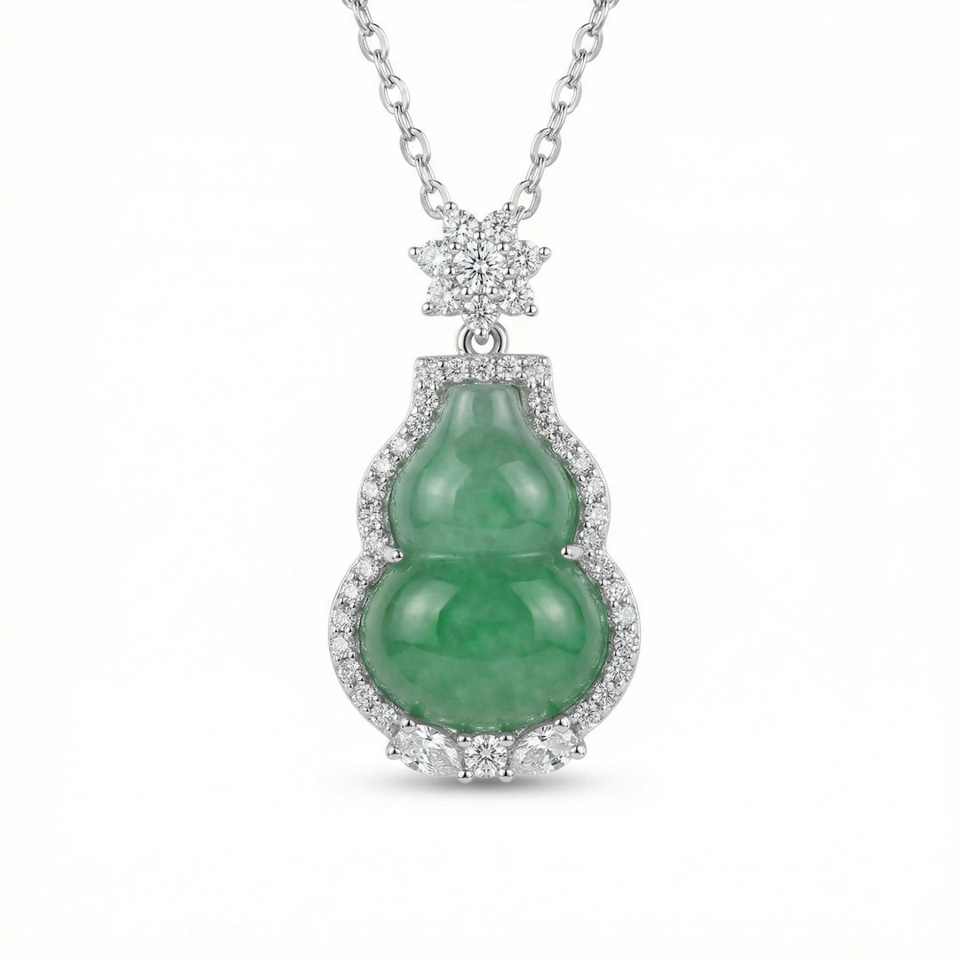 925 Sterling Silver Elegant Green Jade Gourd Pendant Necklace with Sparkling White Stone Halo and Floral Bale