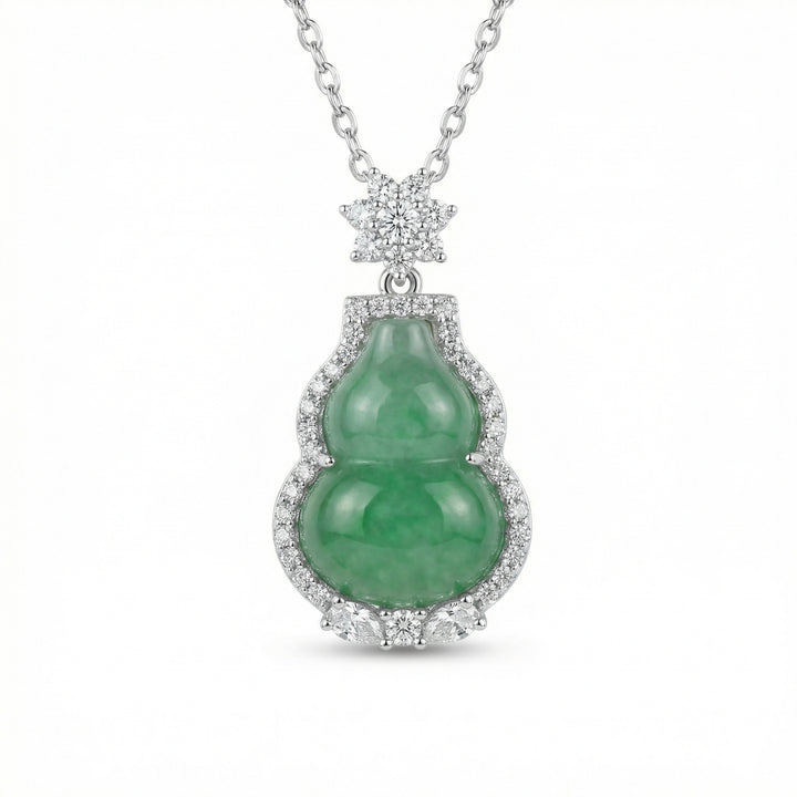 925 Sterling Silver Elegant Green Jade Gourd Pendant Necklace with Sparkling White Stone Halo and Floral Bale