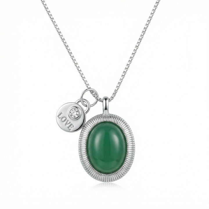 925 Sterling Silver Oval Green Gemstone Necklace – LOVE Charm Crystal Pendant