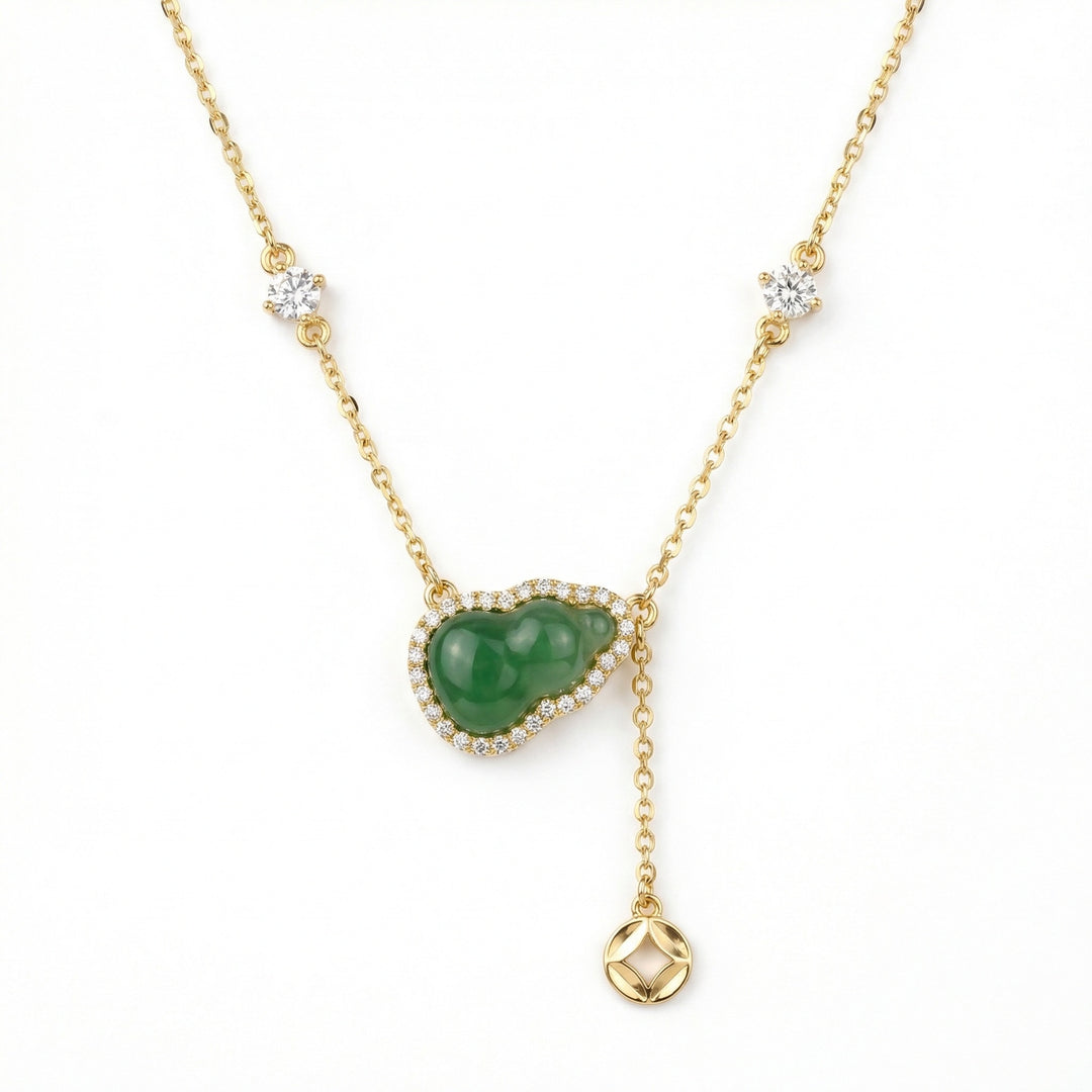 ✨ 925 Sterling Silver Auspicious Green Jade Hulu Pendant Necklace with Diamond Halo & Charm ✨