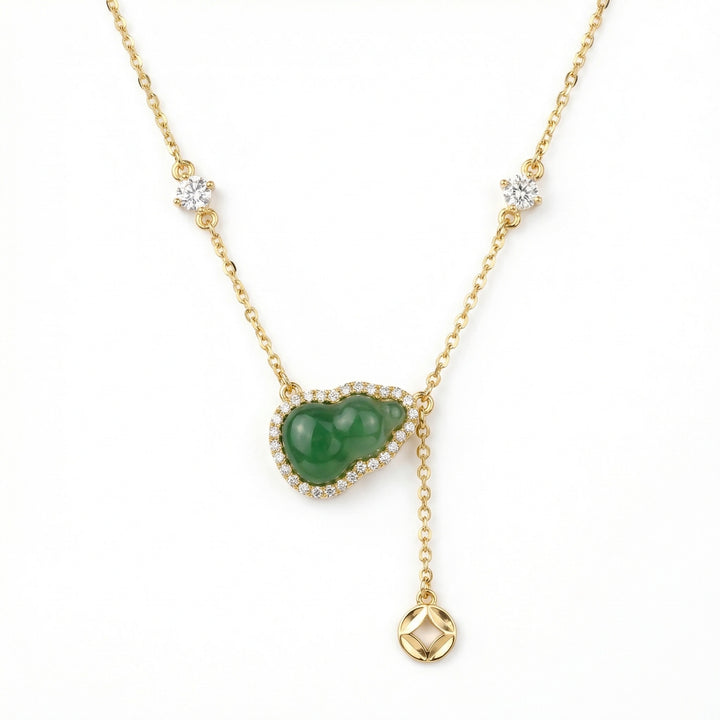 ✨ 925 Sterling Silver Auspicious Green Jade Hulu Pendant Necklace with Diamond Halo & Charm ✨