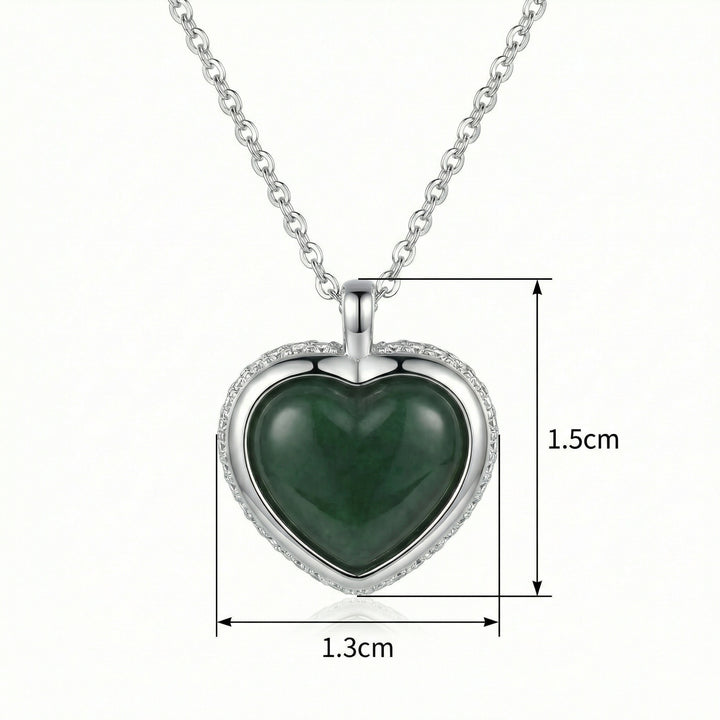 925 Sterling Silver Elegant Heart-Shaped Dark Green Jade Pendant Necklace with Diamond Accents