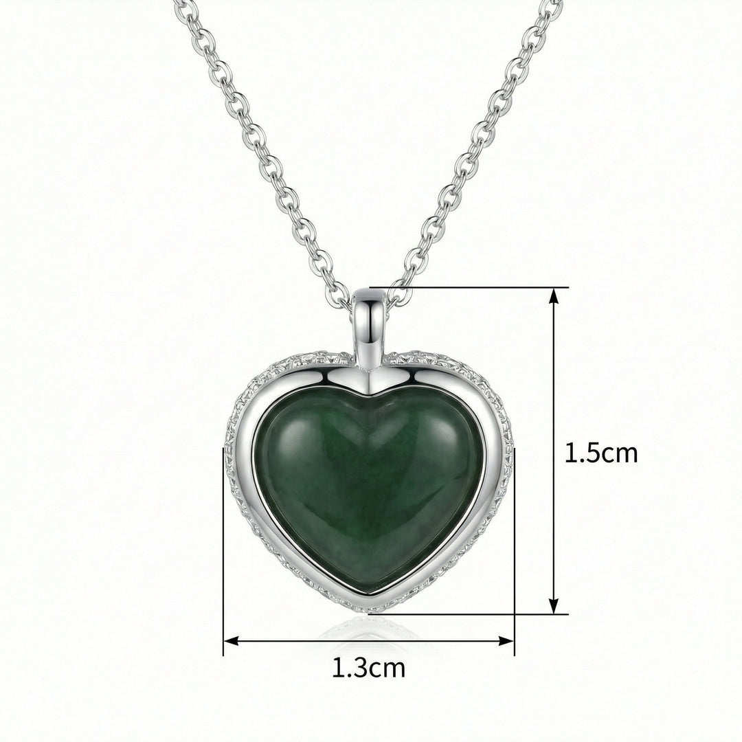 925 Sterling Silver Elegant Heart-Shaped Dark Green Jade Pendant Necklace with Diamond Accents