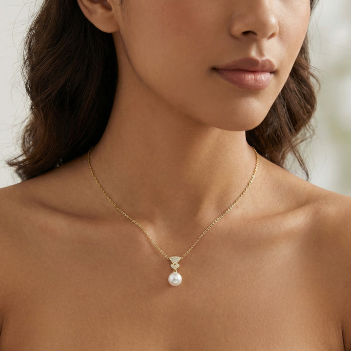 ✨ 925 Sterling Silver White Pearl Necklace with Diamond Accents ✨