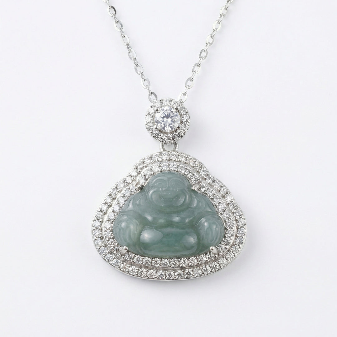 925 Sterling Silver Laughing Buddha Necklace – Green Jade Pendant with Sparkling Accents