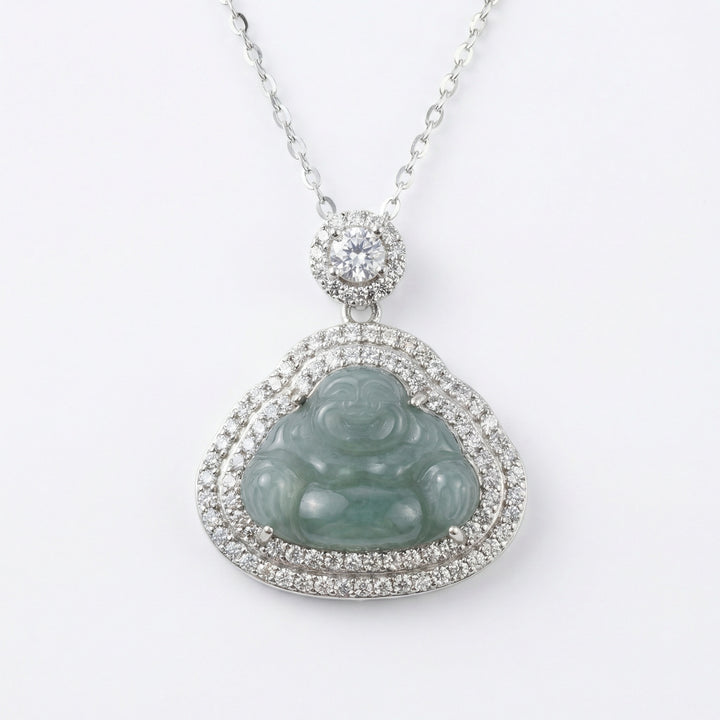 925 Sterling Silver Laughing Buddha Necklace – Green Jade Pendant with Sparkling Accents