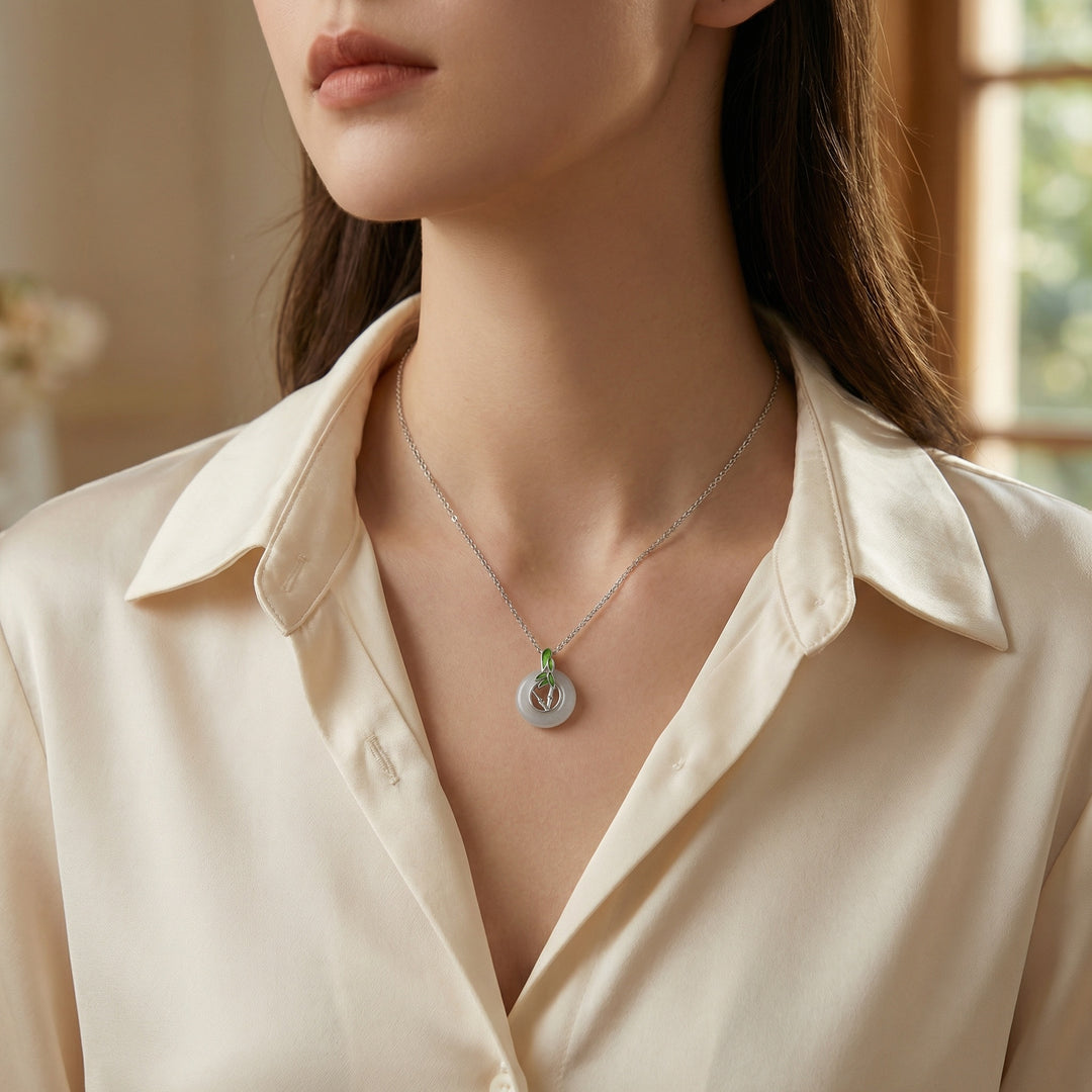 925 Sterling Silver Elegant White Jade Donut Pendant Necklace with Silver Bamboo and Green Enamel Accents