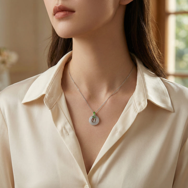 925 Sterling Silver Elegant White Jade Donut Pendant Necklace with Silver Bamboo and Green Enamel Accents