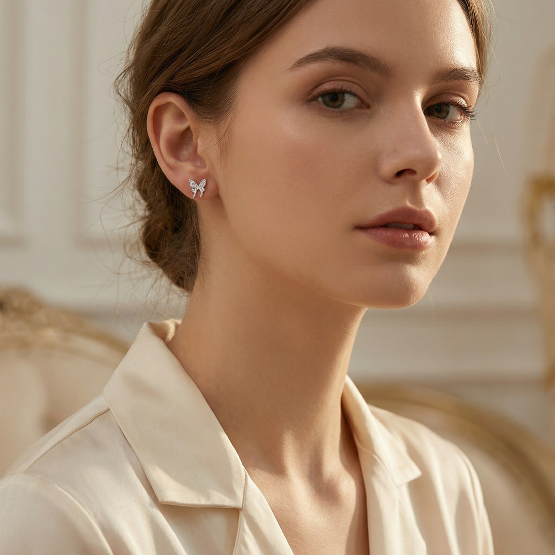 925 Sterling Silver Sparkling Sterling Silver Butterfly Stud Earrings with Shimmering Pavé Stones