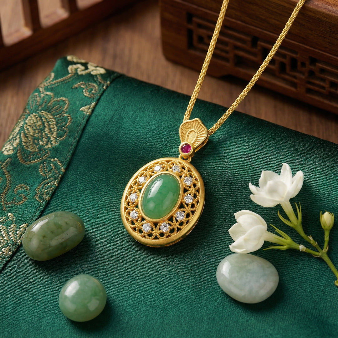 925 Sterling Silver Jade Cabochon Pendant Necklace with Ruby & Filigree Halo