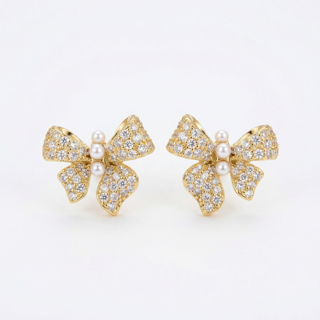 ✨ 925 Sterling Silver Butterfly Stud Earrings with Pave Crystals & Trio Pearls ✨