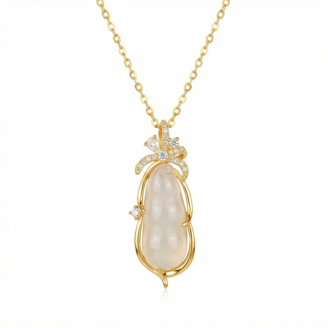 ✨ 925 Sterling Silver Elegant White Chalcedony Pea Pod Pendant Necklace with Sparkling Accents ✨