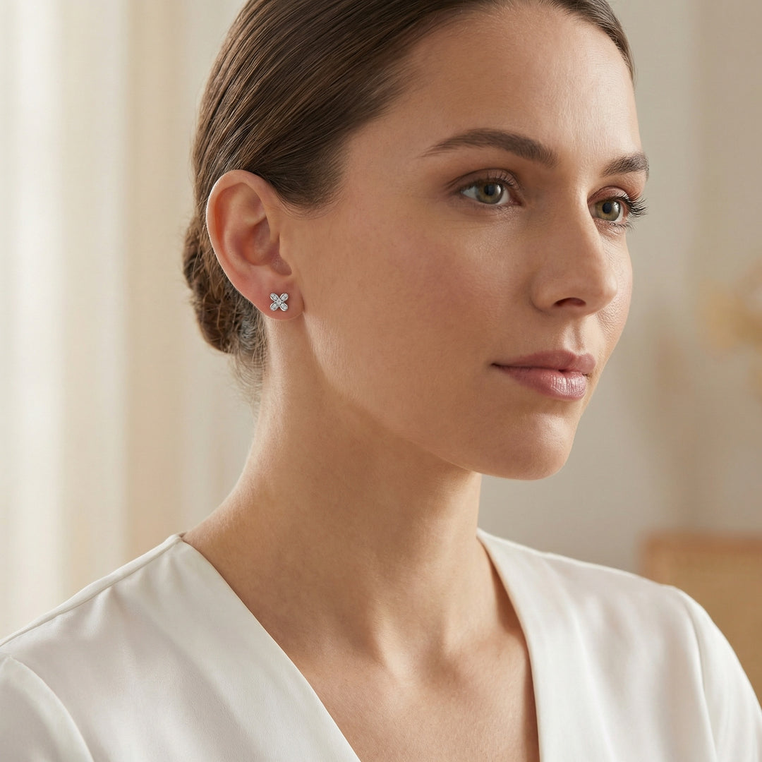✨ 925 Sterling Silver Round Diamond Flower Cross Stud Earrings – Pavé Sparkle Design ✨