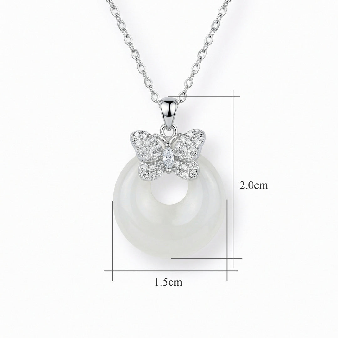 925 Sterling Silver Elegant Butterfly & White Jade Donut Pendant Necklace
